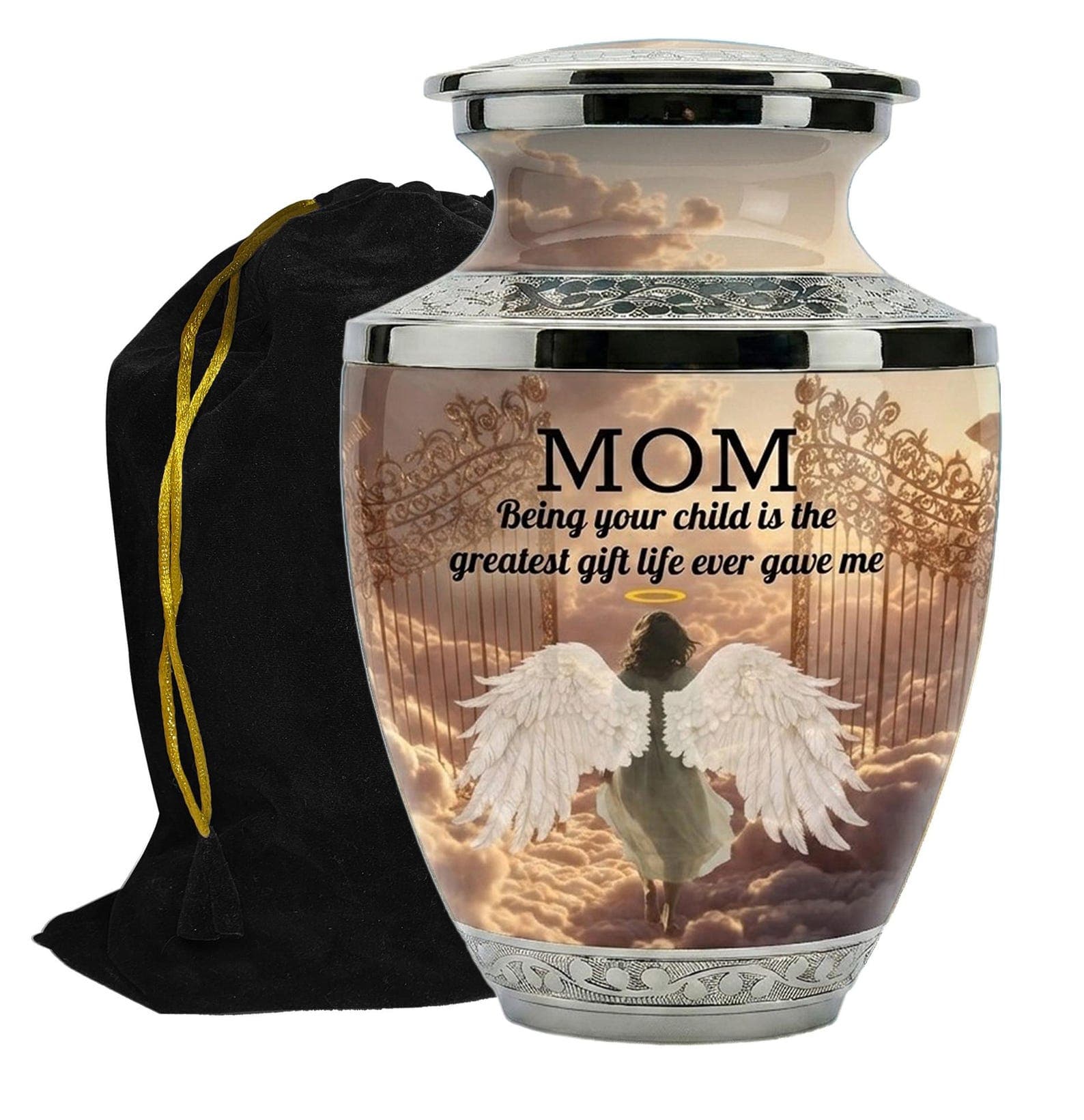 A metal cremation urn with a silver lid and base featuring an engraved floral pattern. The body displays a printed image of an angel with wings walking toward golden gates in the clouds, with the text MOM Being your chil