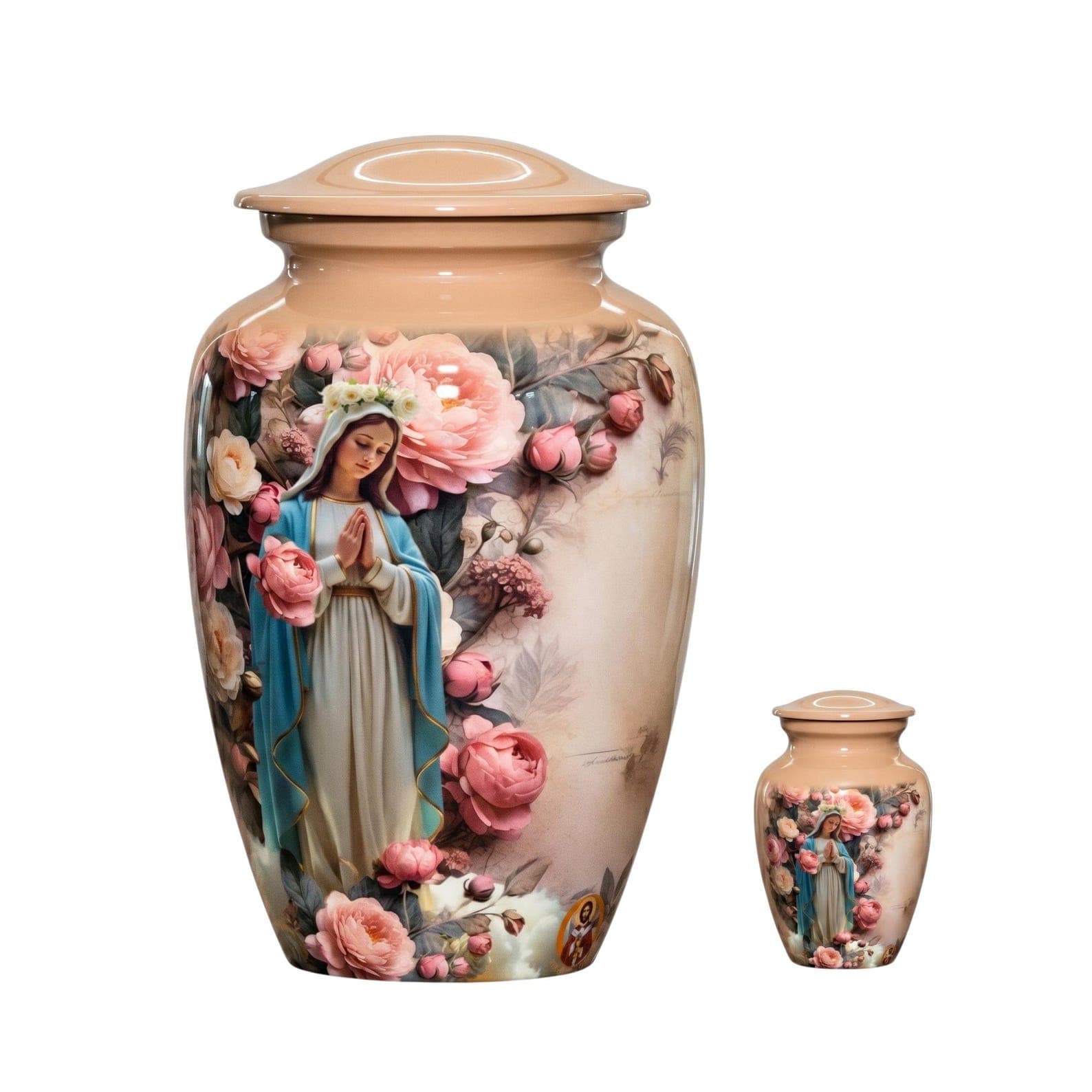 A large and a small cremation urn, both featuring a light peach finish and a lid. The surface displays a detailed illustration of a figure in a white and blue robe with a floral wreath, surrounded by clusters of pink and