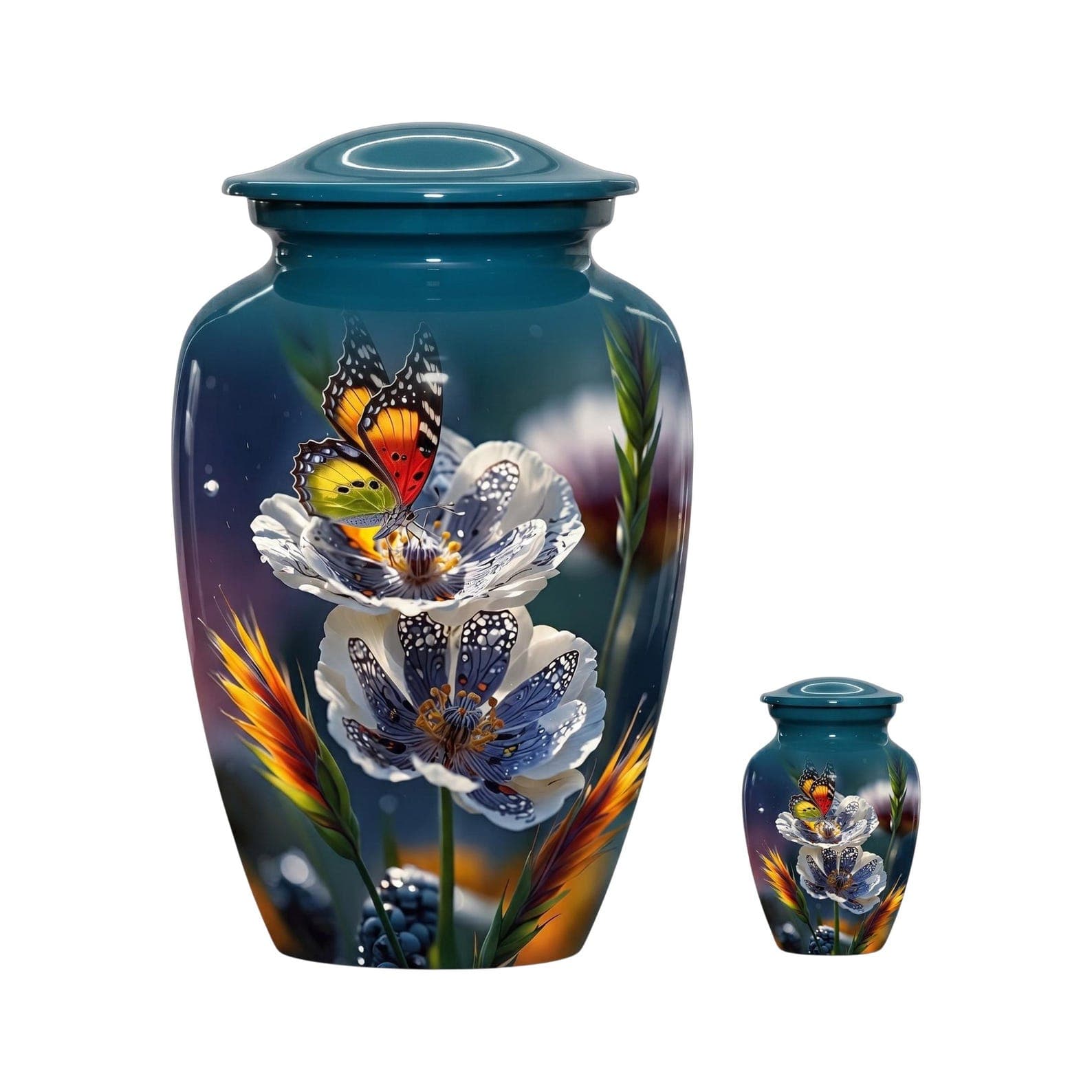 A large and a small teal cremation urn, each featuring a glossy finish and a detailed graphic print of white flowers, orange and black butterflies, and stalks of wheat against a dark blue background with a matching lid.