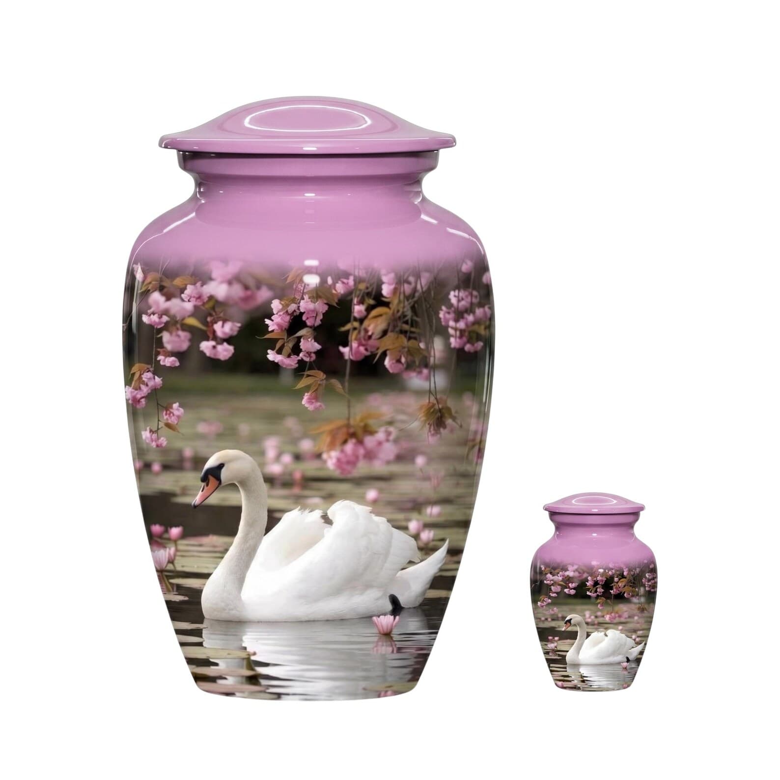 A large and a small cremation urn, both featuring a smooth, light purple finish on the lid and upper body. The lower portion displays a photographic print of a white swan swimming on water beneath overhanging pink cherry