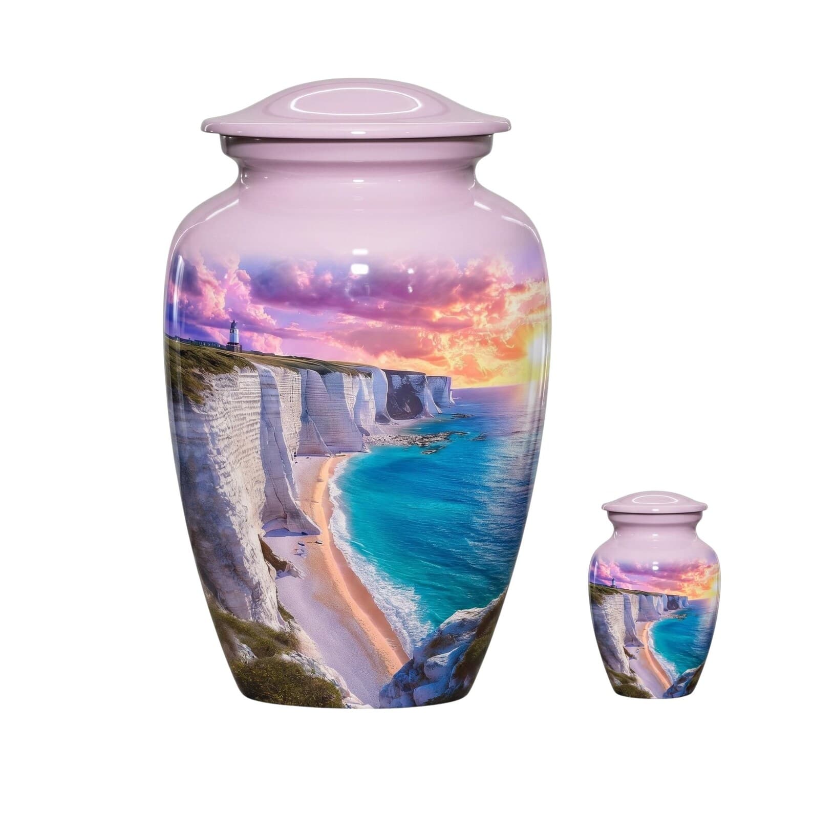 A large and a small cremation urn, both featuring a smooth, light lavender finish and a detailed wrap-around scene of white chalk cliffs overlooking a turquoise ocean at sunset, complete with a lighthouse and a vibrant, 