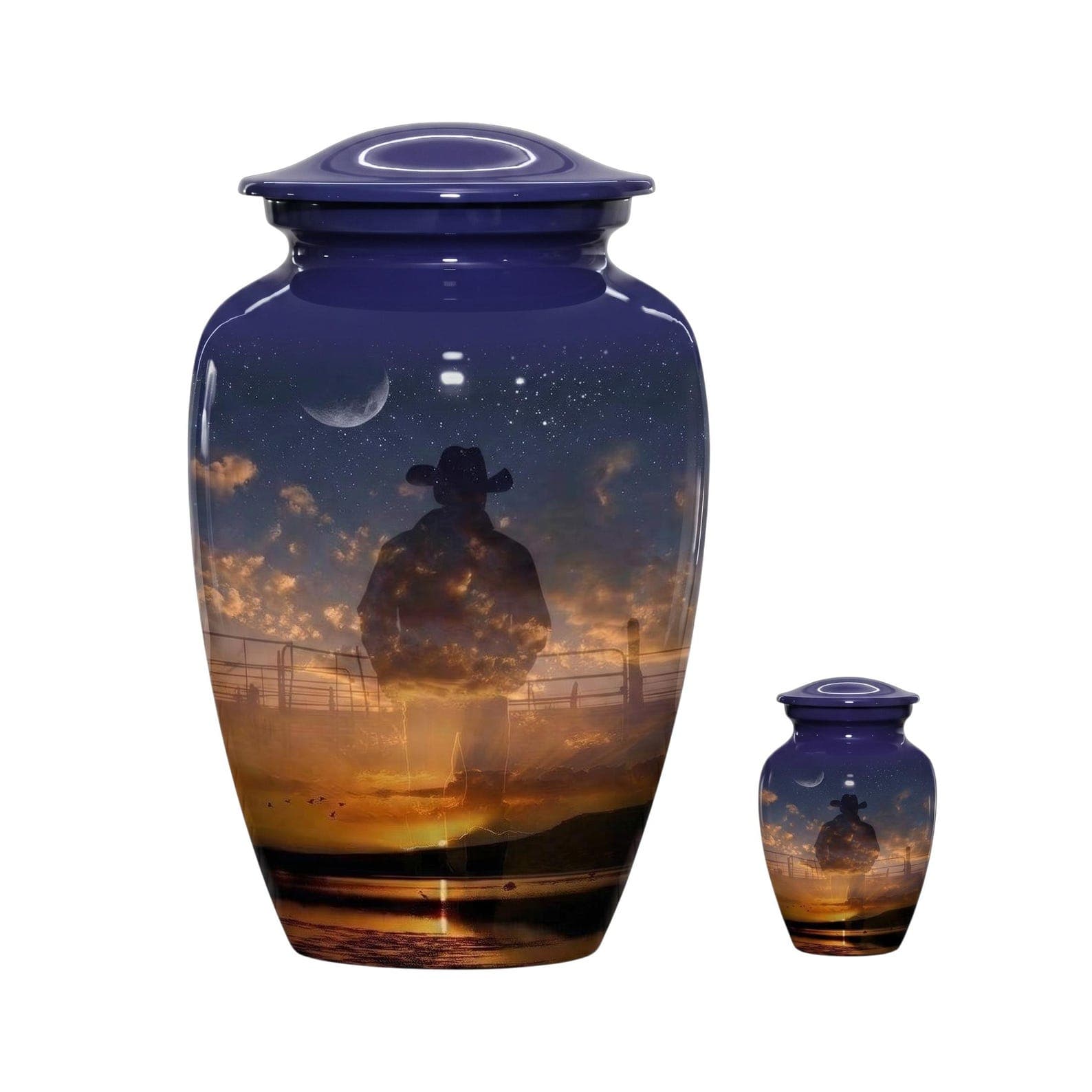 A large and a small cremation urn, both featuring a deep blue finish and a printed scene of a cowboy silhouette standing in a field at sunset under a starry night sky with a crescent moon, topped with a matching removabl