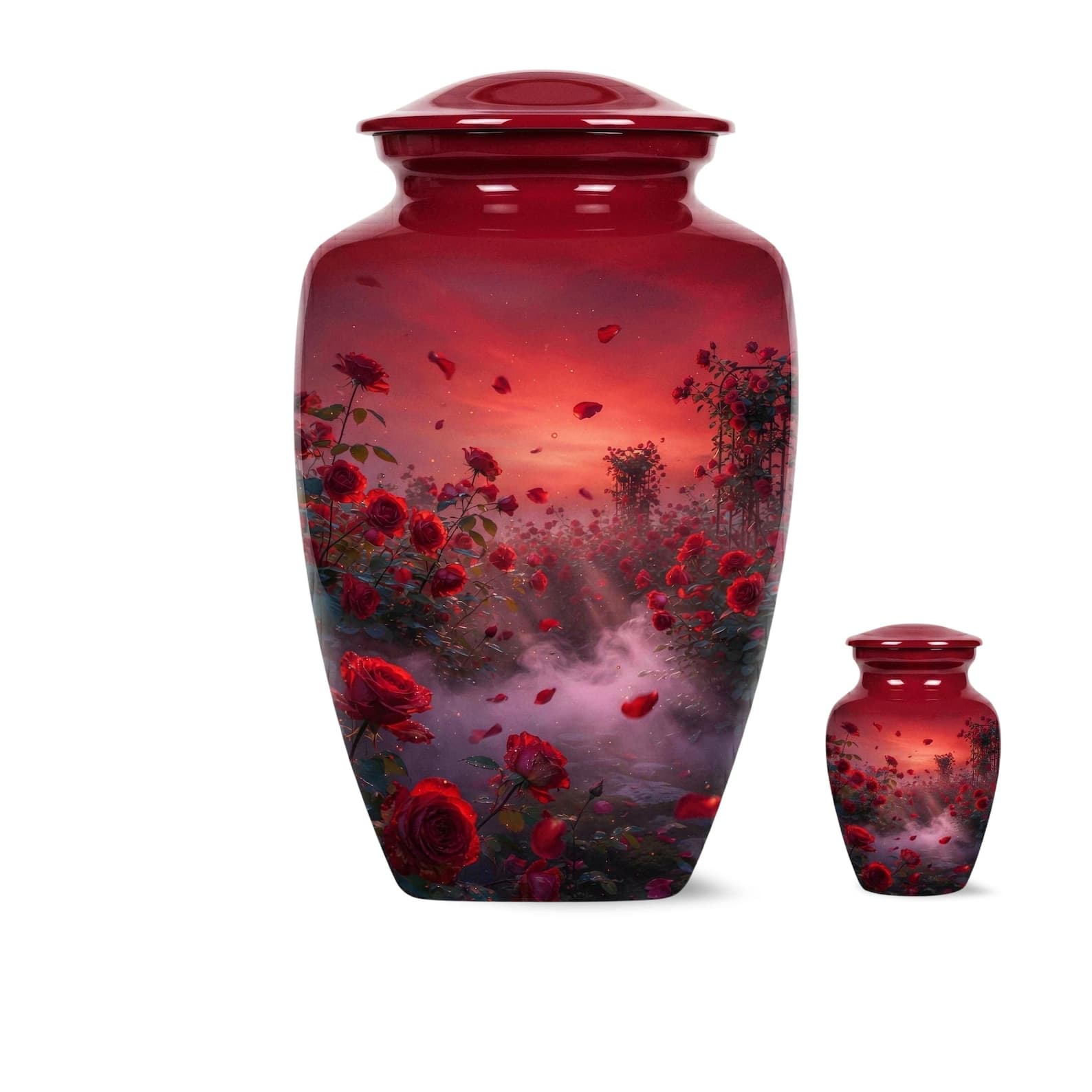 A large and a small cremation urn, both featuring a glossy deep red finish and a detailed wrap-around scene of vibrant red roses in a misty garden under a sunset sky. Each urn has a matching lid and a smooth, rounded sil