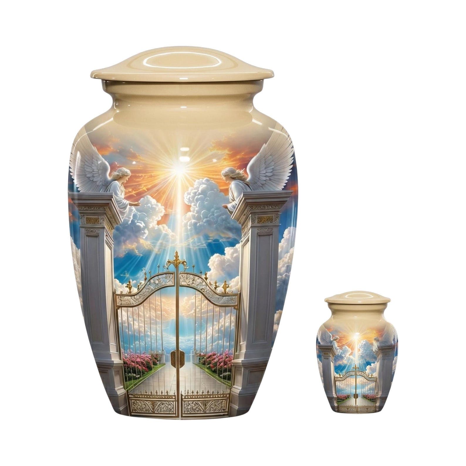 A large and a small cremation urn, both featuring a cream-colored finish and a lid. The surface of each urn displays a printed scene of golden gates, white clouds, a bright sunburst, and two winged angels standing on pil