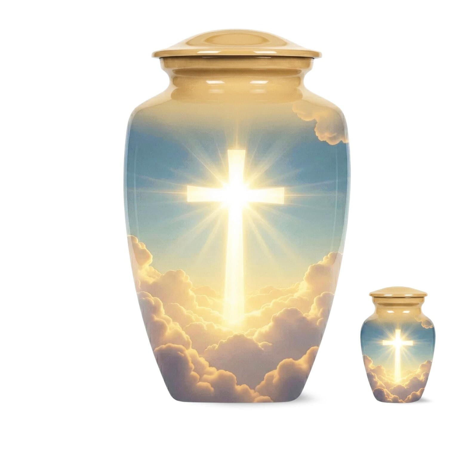 A large and a small cremation urn, both featuring a gold-toned lid and a cylindrical body. The surface of each urn displays a printed image of a bright, glowing white cross centered amidst a sky filled with soft, golden 