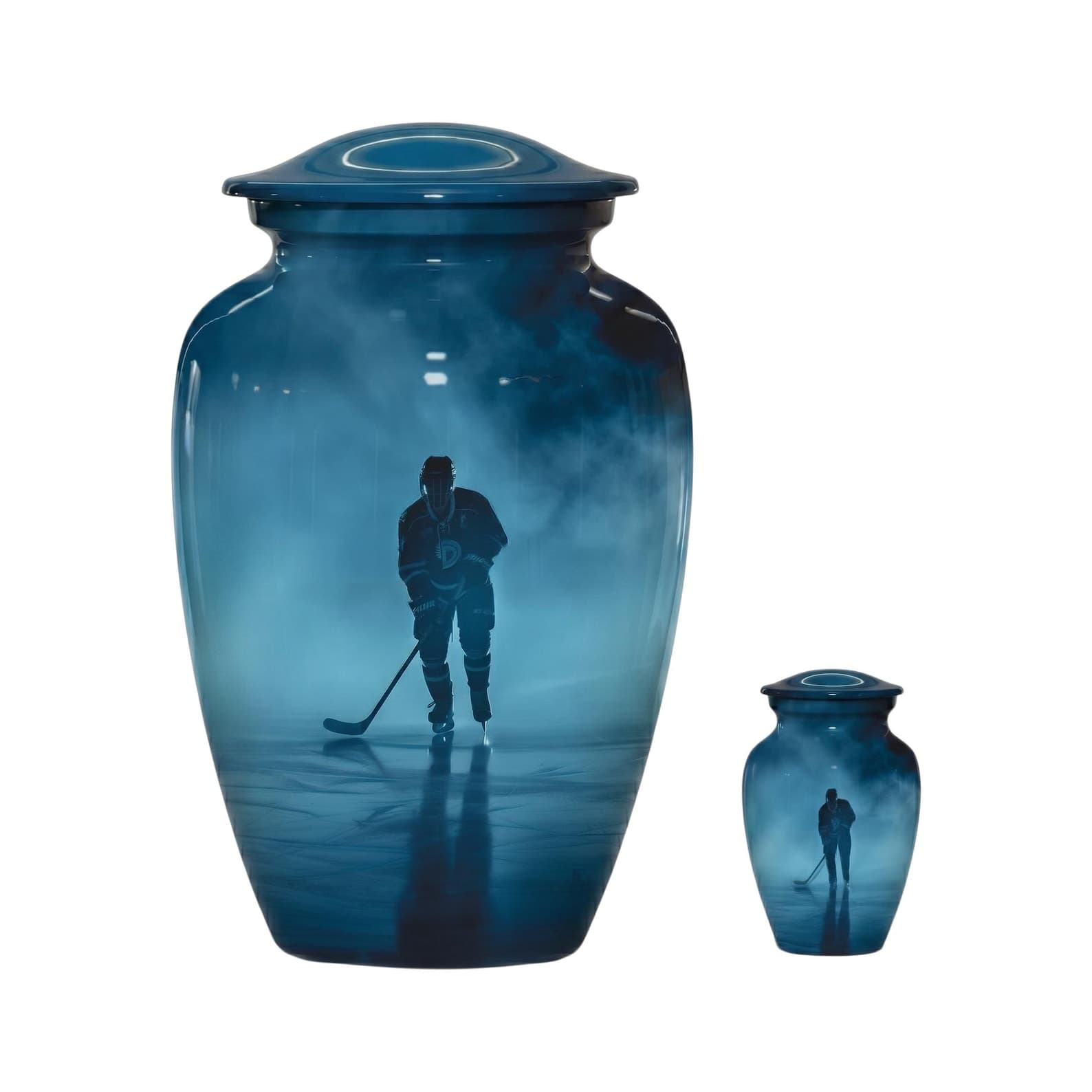 A large and a small blue cremation urn, each featuring a smooth, rounded lid and a cylindrical body. The surface displays a dark blue gradient with a graphic illustration of a hockey player standing on ice with a hockey 