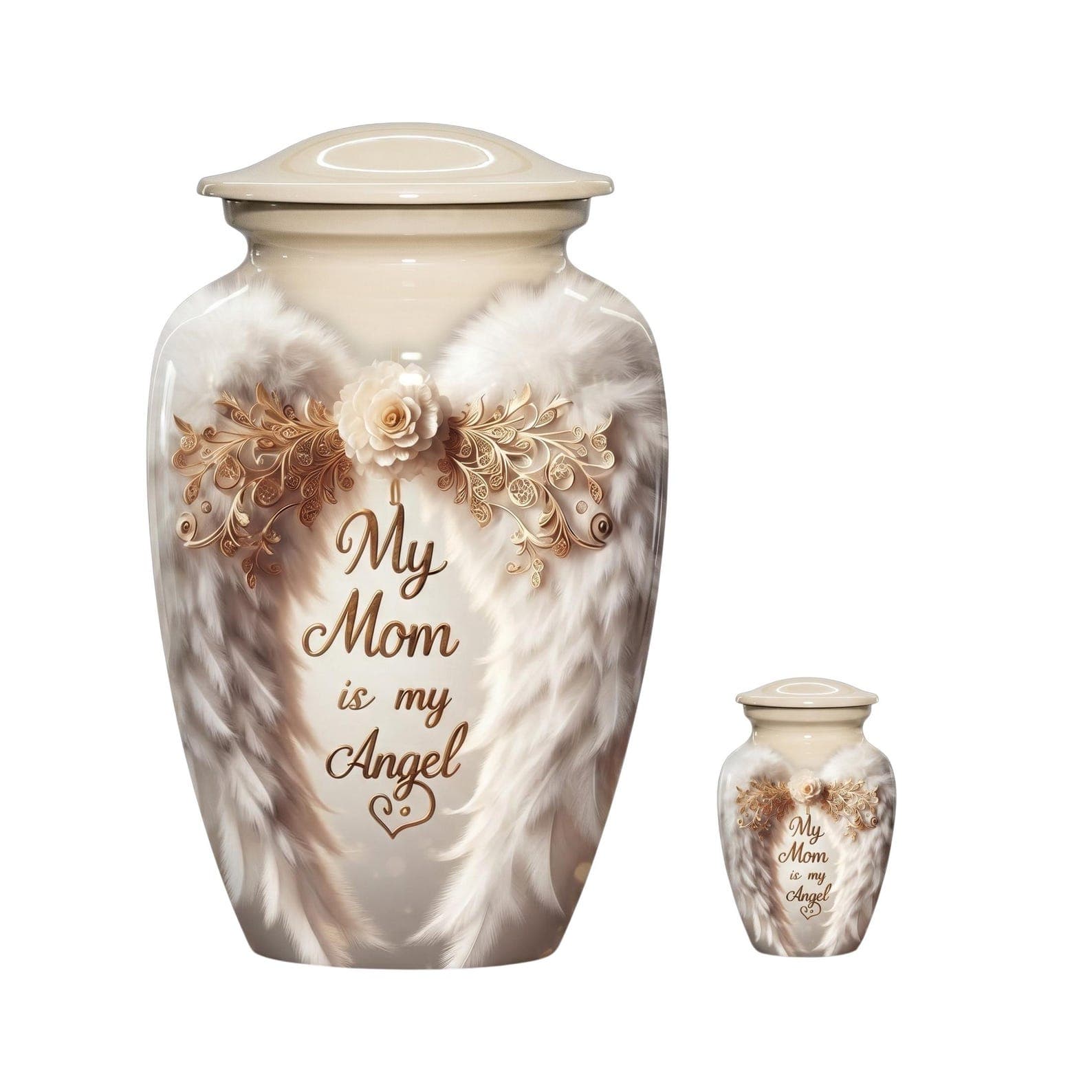 A large and a small cream-colored cremation urn, each featuring a lid and a decorative design of white angel wings, a central flower, and gold filigree accents. The text "My Mom is my Angel" is printed in brown