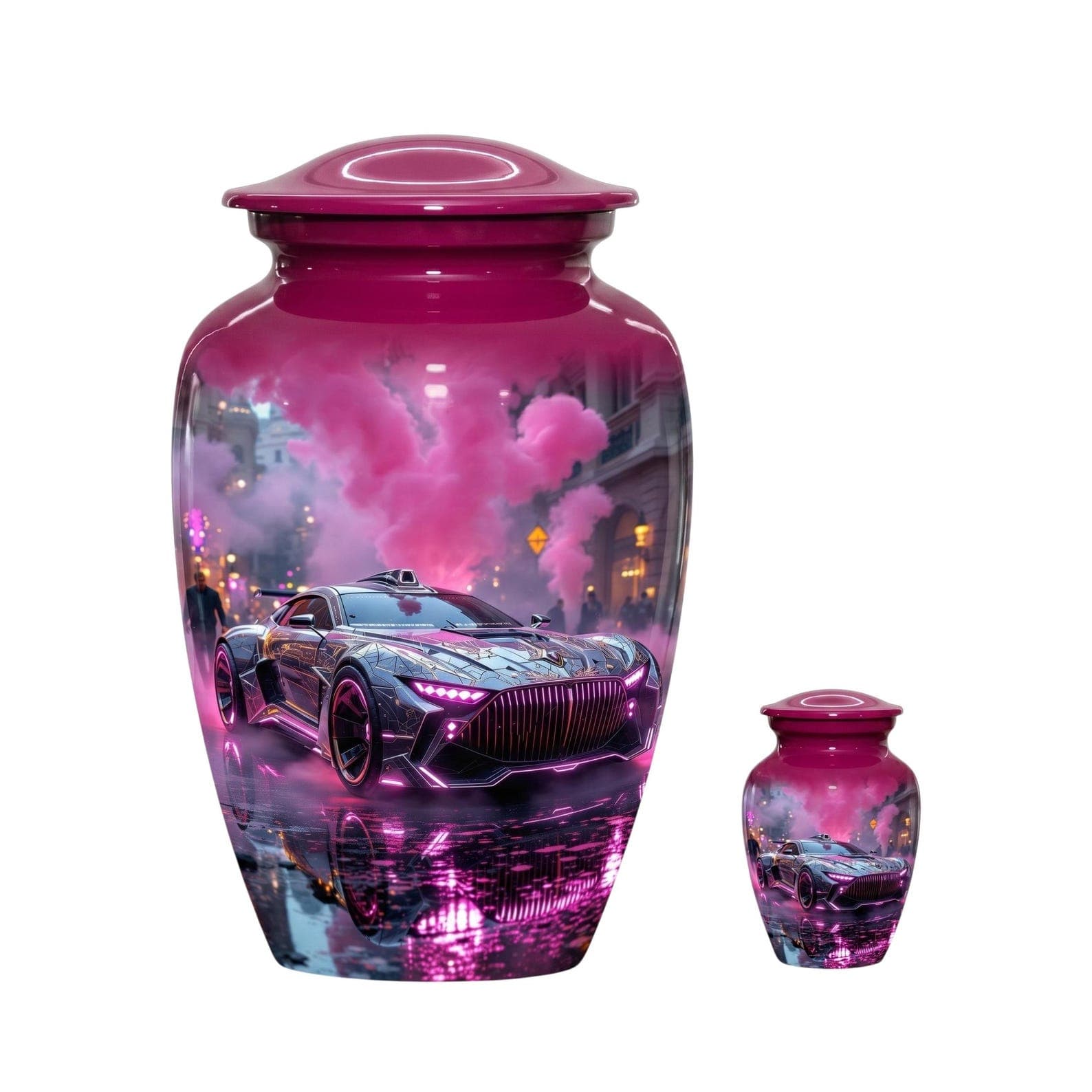 A large and a small cremation urn, both featuring a glossy magenta finish and a detailed graphic of a futuristic sports car driving through a city street filled with vibrant pink smoke and reflections on the wet pavement