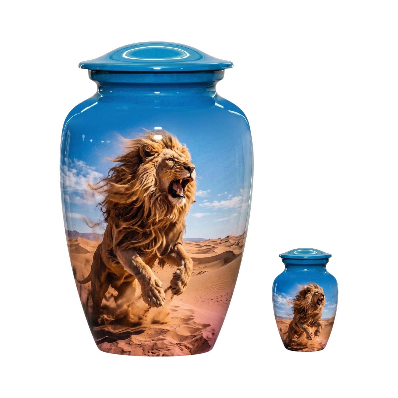 A large and a small blue metal cremation urn, each featuring a glossy finish and a lid. The surface of both urns displays a detailed, full-color graphic of a roaring lion running across a sandy desert landscape under a b