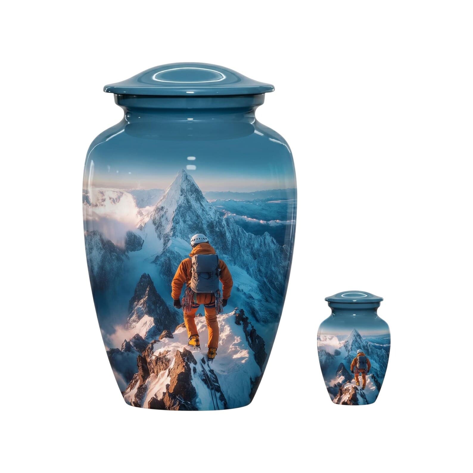 A large and a small blue metal cremation urn, each featuring a glossy finish and a printed graphic of a mountaineer in an orange jacket and grey backpack standing on a snowy mountain peak under a clear sky with a matchin