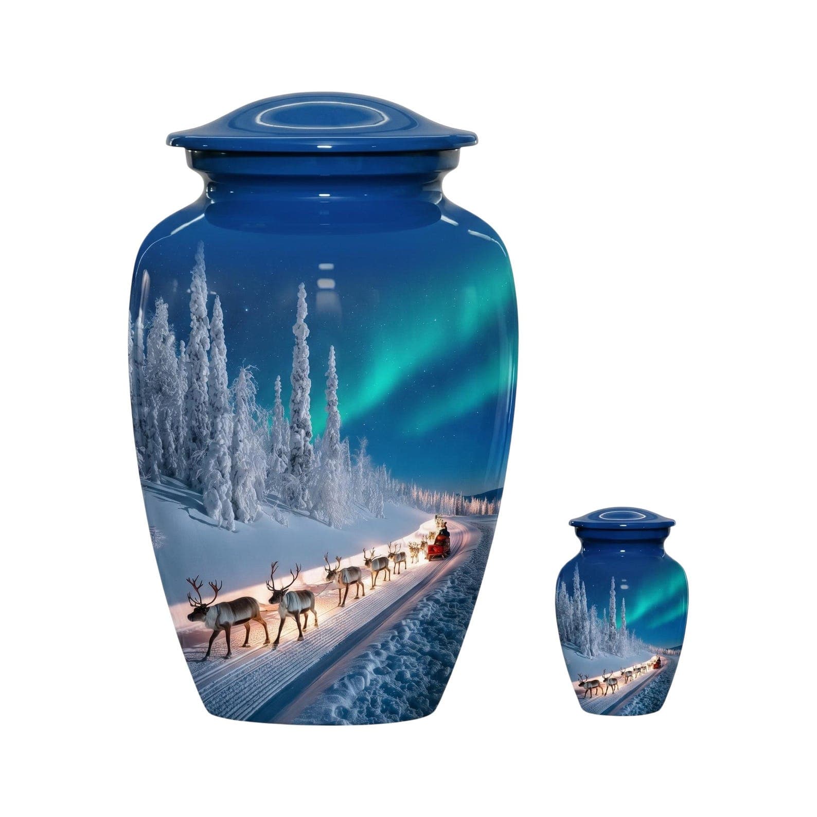 A large and a small blue cremation urn, each featuring a glossy finish and a wrap-around winter scene depicting a reindeer-drawn sleigh traveling through a snowy forest under a vibrant green aurora borealis night sky.