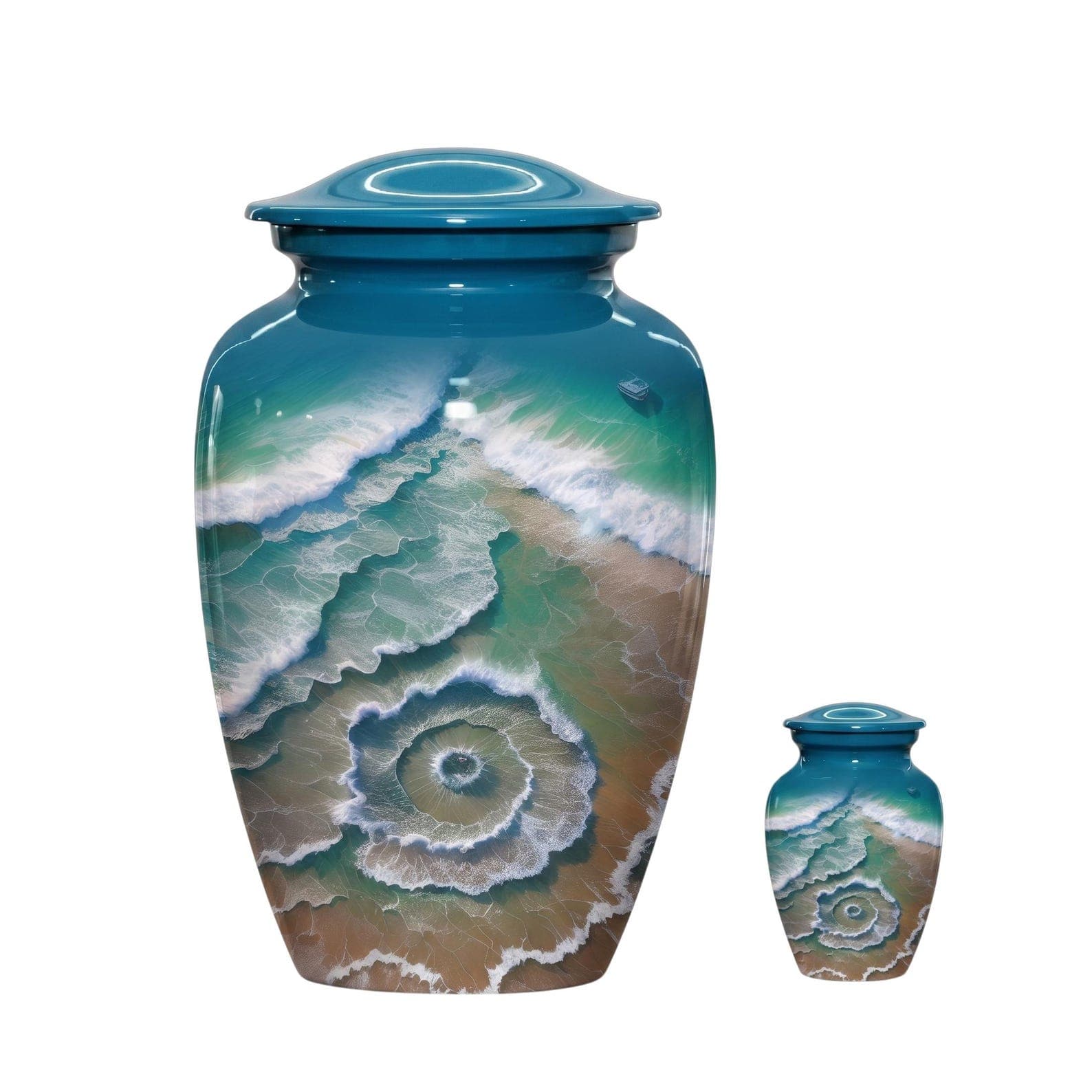 A large and a small cremation urn, both featuring a glossy teal finish and a detailed wrap-around graphic of ocean waves crashing onto a sandy beach. Each urn has a matching teal lid that fits securely over the top openi