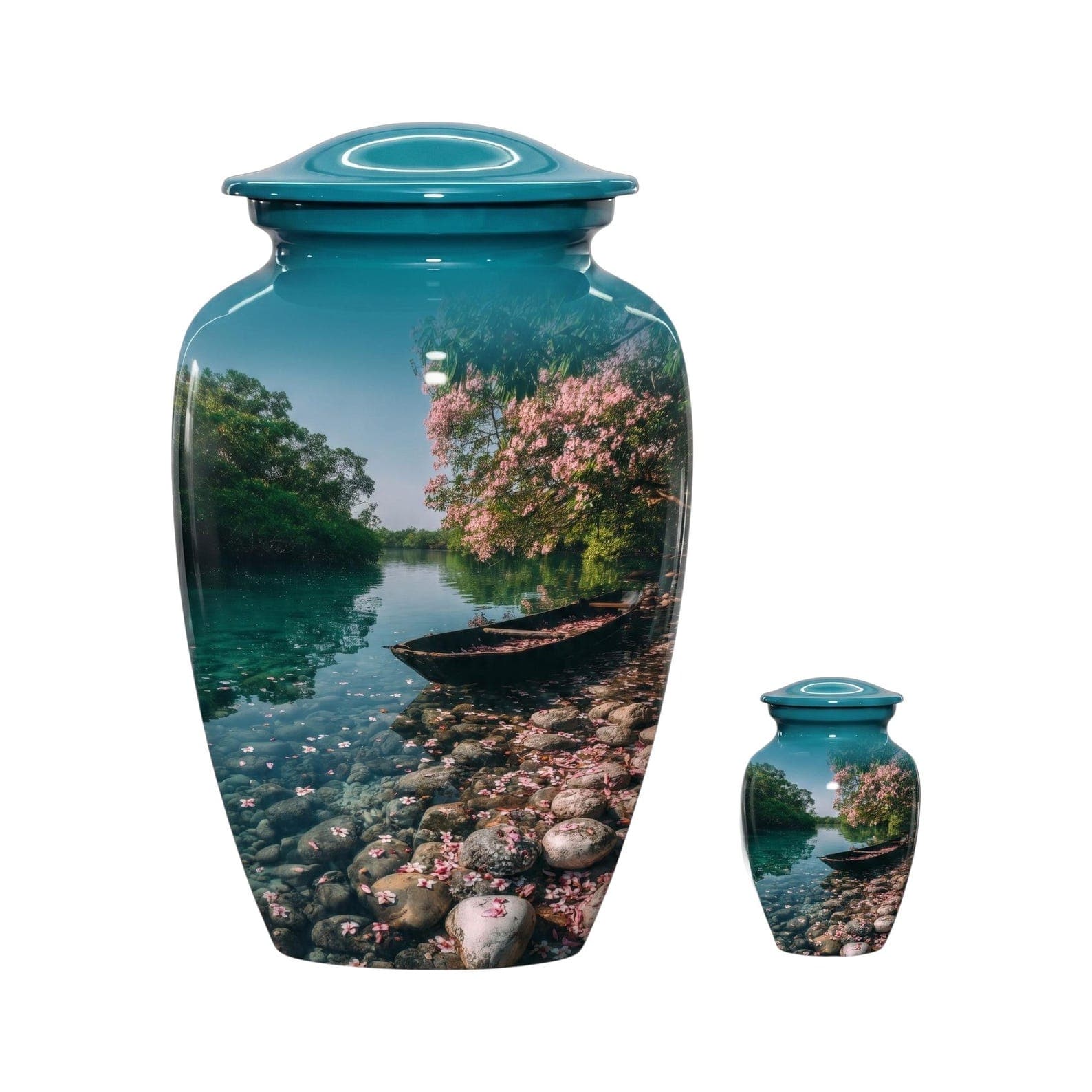 A large and a small cremation urn, both featuring a glossy teal finish and a printed landscape scene. The image depicts a calm river with a wooden boat moored near a rocky shoreline, surrounded by lush green trees and pi