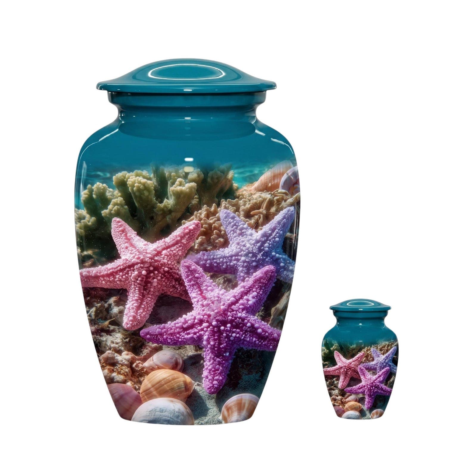 A large and a small teal cremation urn, each featuring a cylindrical body with a matching lid. The surface of both urns displays a vibrant underwater scene with pink and purple starfish resting on a sandy seabed with cor