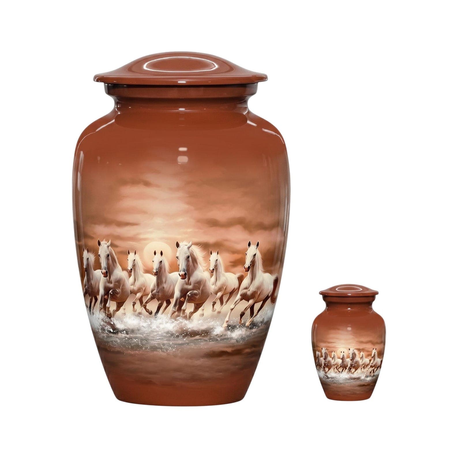 A large and a small urn, both featuring a warm brown finish and a detailed wrap-around graphic of a herd of white horses galloping through water at sunset. Each vessel has a smooth, rounded lid and a tapered, cylindrical