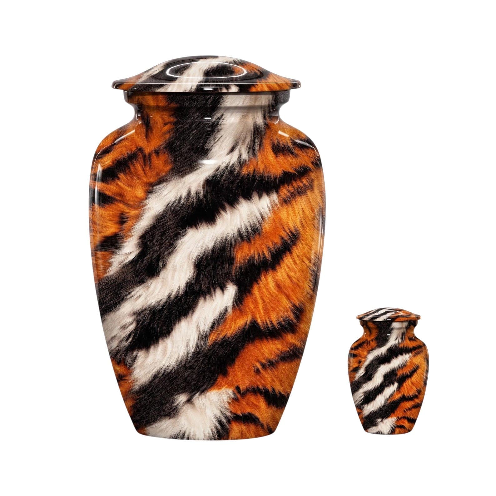 A large and a small cremation urn, both featuring a vibrant tiger stripe pattern in shades of orange, black, and white. Each urn has a smooth, rounded body and a matching removable lid, displaying a consistent fur-like t