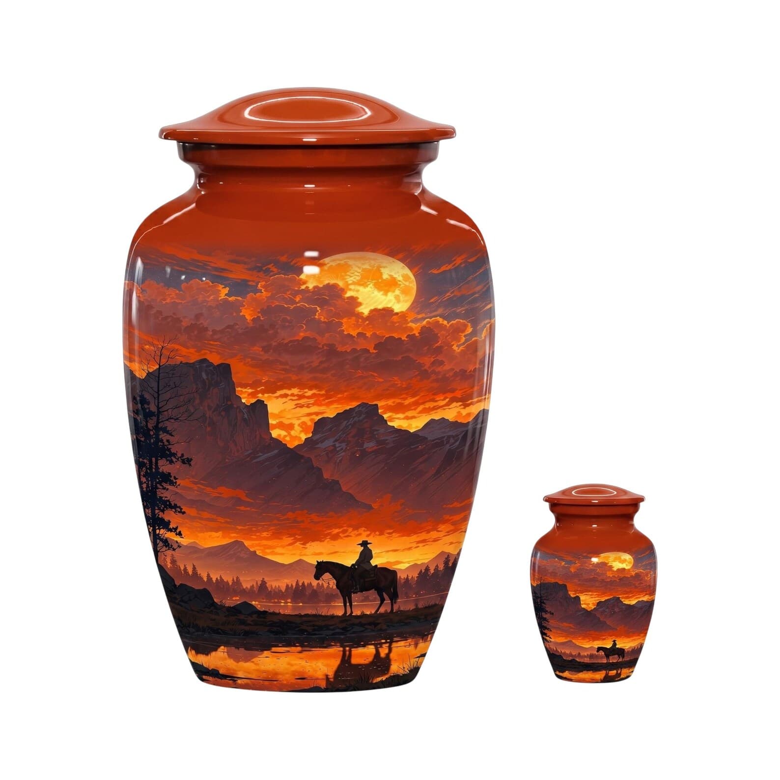 A large and a small cremation urn, both featuring a glossy orange finish and a detailed wrap-around scene of a rider on horseback silhouetted against a vibrant sunset, mountains, and a full moon reflected in a calm body 