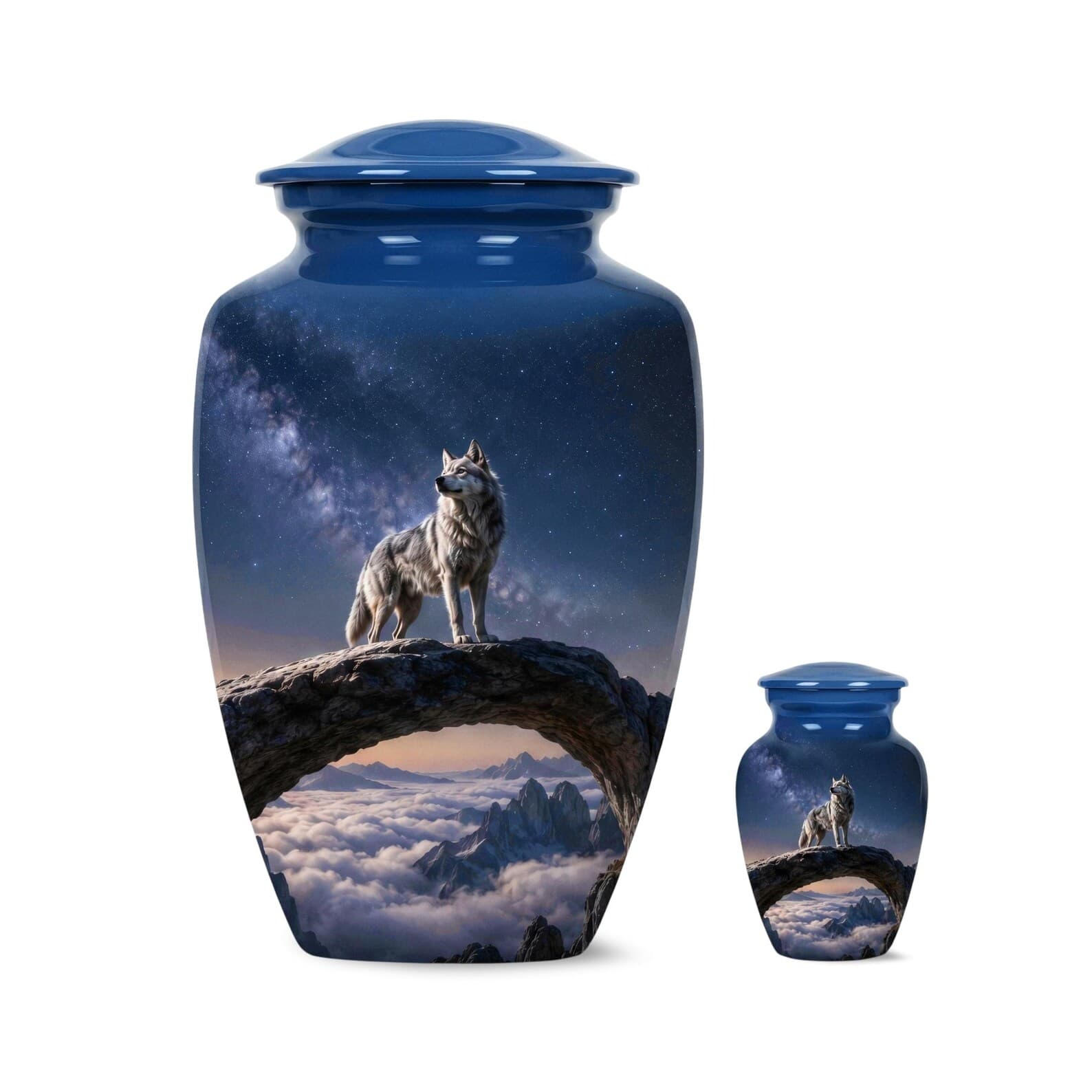 A large and a small blue metal cremation urn, each featuring a cylindrical body and a matching lid. The surface of both urns displays a detailed graphic of a wolf standing on a rock arch above clouds under a starry night