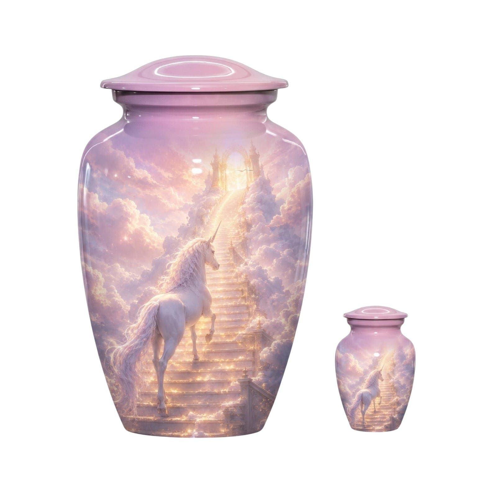 A large and a small cremation urn, both featuring a lavender lid and a wrap-around graphic of a white unicorn standing on a staircase made of light, ascending through pink and purple clouds toward a glowing golden archwa