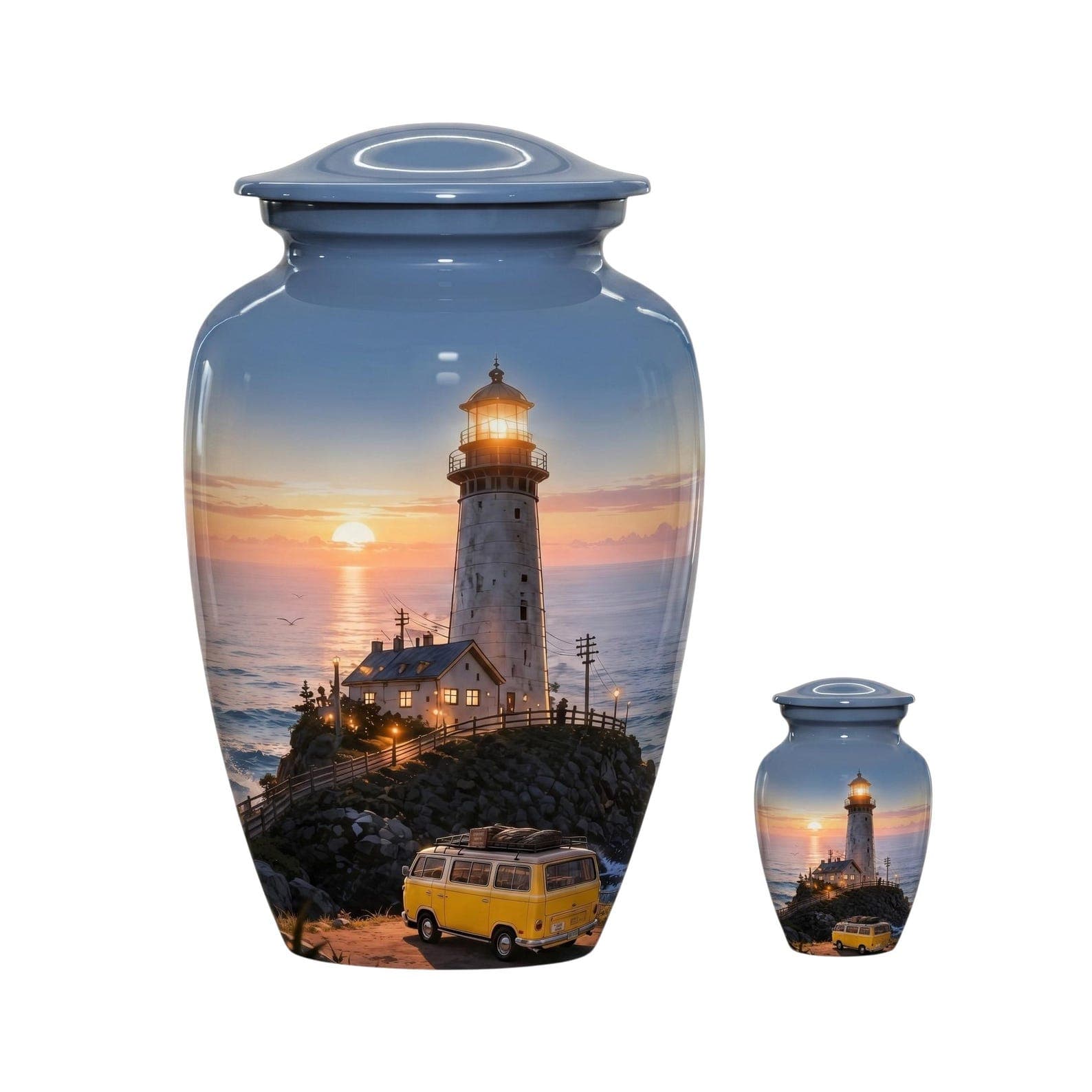 A large and a small blue metal cremation urn, each featuring a wrap-around photographic print of a lighthouse on a rocky cliff at sunset, with a yellow van parked in the foreground near the base of the structure.
