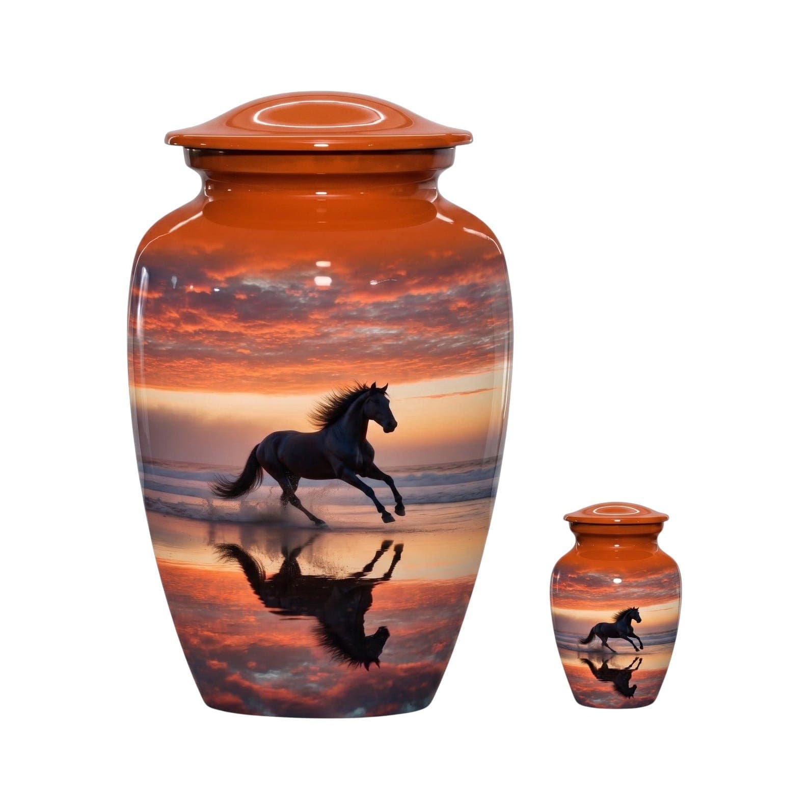 A large and a small urn, both featuring a glossy orange lid and a cylindrical body decorated with a sunset beach scene. The image depicts a black horse galloping through shallow water, with its reflection visible in the