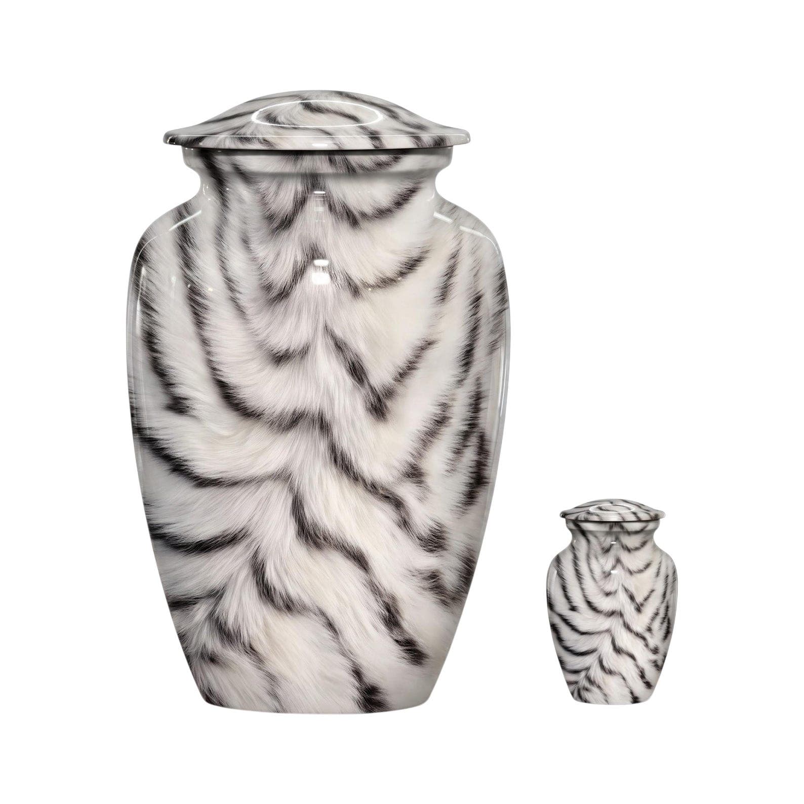 A large and a small cremation urn, both featuring a white base color with a repeating black tiger stripe pattern. Each urn has a smooth, rounded body and a matching removable lid that sits flush with the top opening of t
